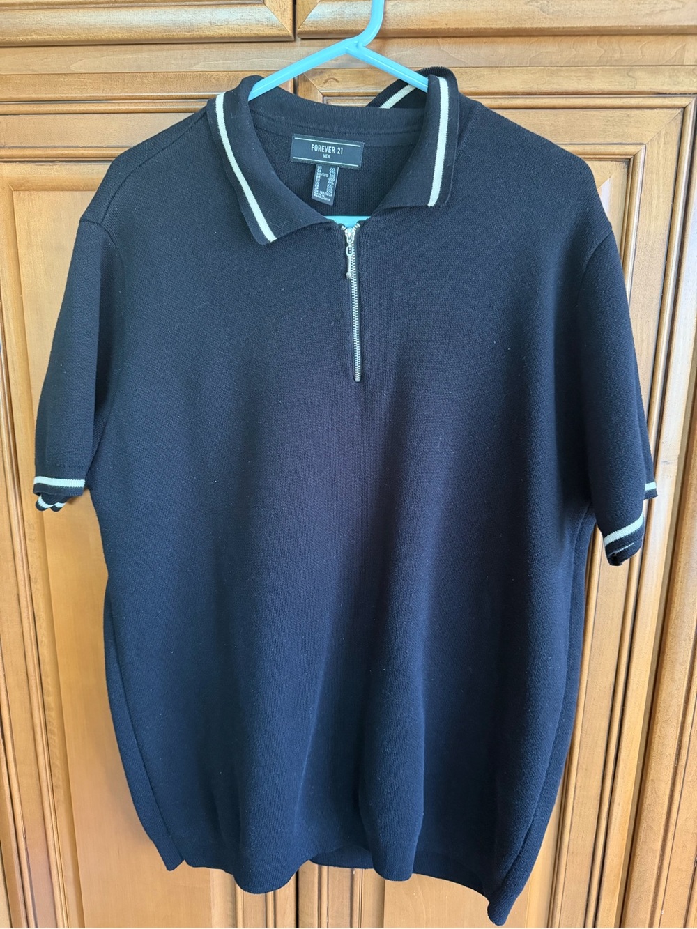 Forever 21 Black Short-Sleeve Zip Polo with White Trim